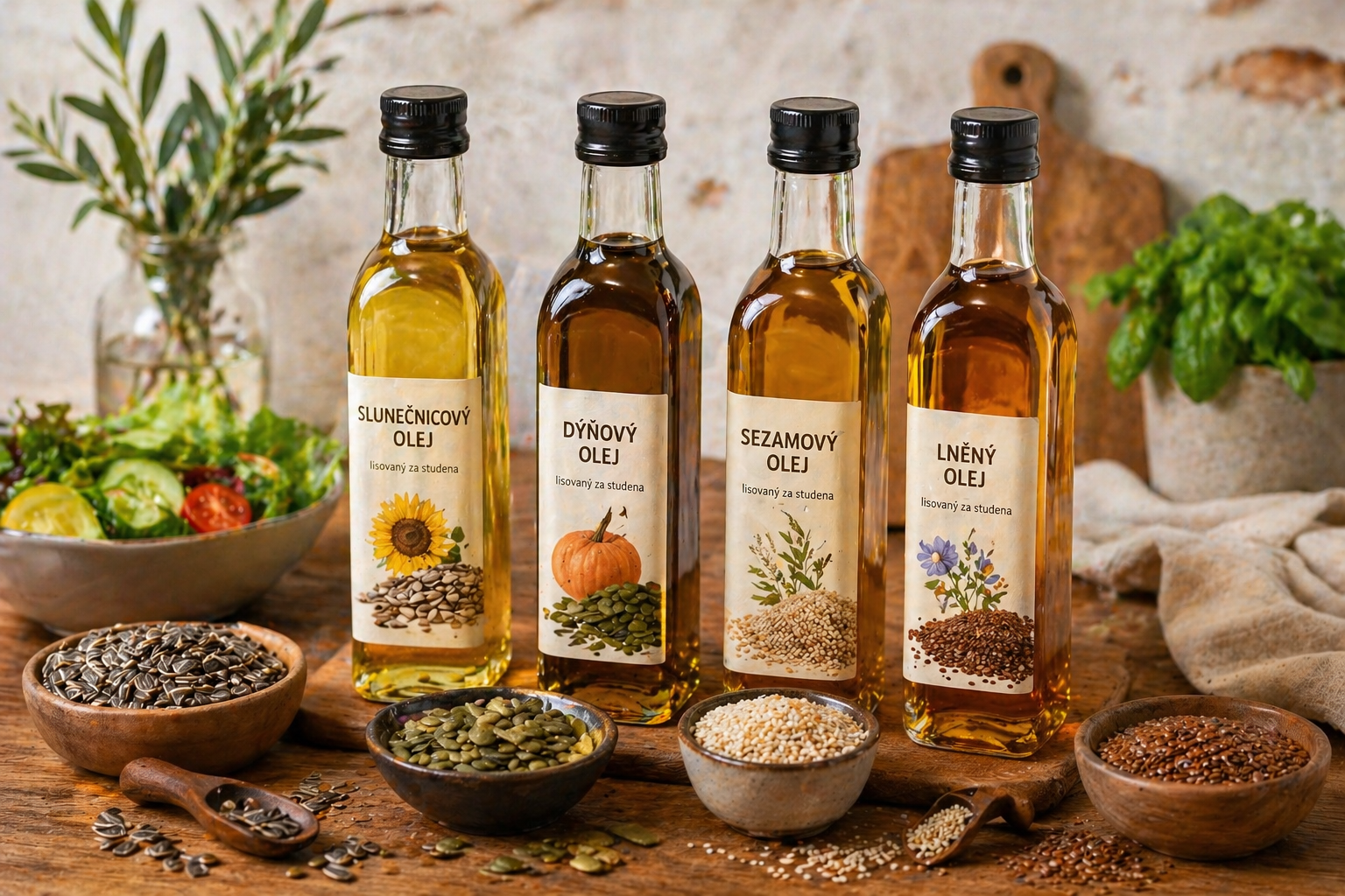 Rustikální kuchyně s oleji a semínky